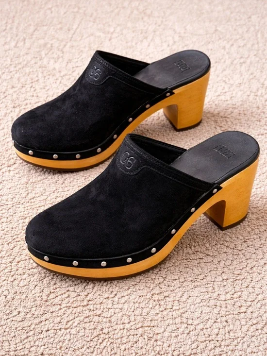 UGG Australia Black Suede Clog mules wooden Heels by 3G - Picture 1 of 7